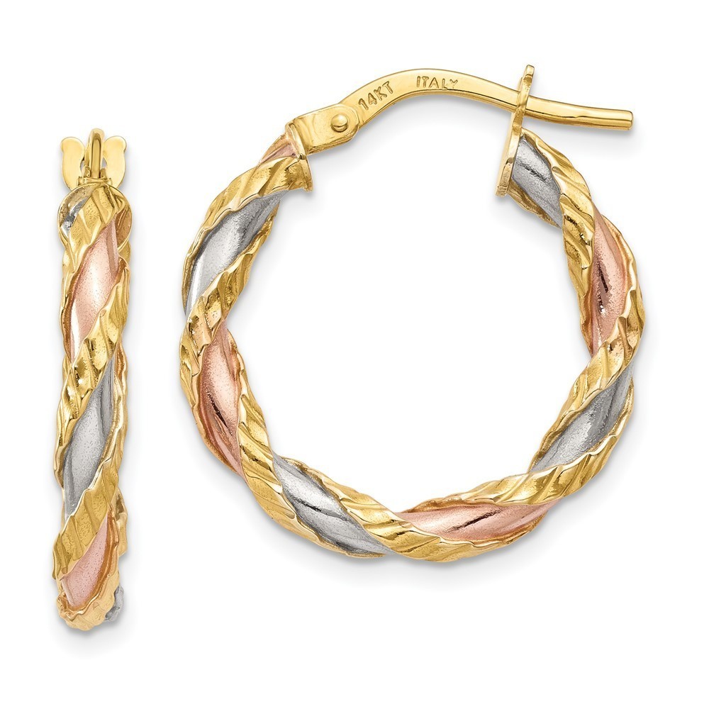 14k Yellow Gold w White & Rose Textured Twisted Hoop Earring 23 L x 22 mm W